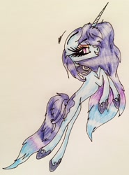 Size: 1957x2650 | Tagged: safe, artist:beamybutt, oc, oc only, pony, unicorn, eyelashes, female, hoof shoes, horn, mare, rearing, signature, smiling, solo, traditional art, unicorn oc