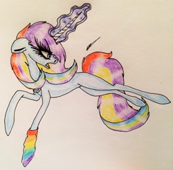 Size: 2382x2348 | Tagged: safe, artist:beamybutt, oc, oc only, pony, unicorn, clothes, eyelashes, female, glowing horn, high res, horn, leg warmers, looking back, mare, multicolored hair, rainbow hair, signature, solo, traditional art, unicorn oc
