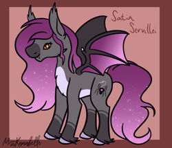 Size: 1750x1500 | Tagged: safe, artist:misskanabelle, oc, oc only, oc:satin servillei, bat pony, pony, abstract background, bat pony oc, bat wings, ethereal mane, female, hoof fluff, mare, offspring, parent:funnel web, parent:oc:charmeuse culicivora, parents:canon x oc, signature, solo, starry mane, wings