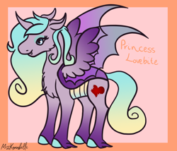 Size: 1750x1500 | Tagged: safe, artist:misskanabelle, oc, oc only, oc:lovebite, changepony, hybrid, pony, abstract background, female, interspecies offspring, magical lesbian spawn, offspring, parent:princess cadance, parent:queen chrysalis, parents:cadalis, signature, solo, story included