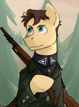 Size: 156x210 | Tagged: safe, artist:bunnyshrubby, oc, oc only, oc:golden morning, earth pony, pony, equestria at war mod, bust, clothes, coat, earth pony oc, forest, forest background, gun, lowres, male, military uniform, portrait, rifle, uniform, weapon