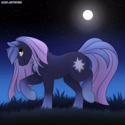 Size: 1600x1600 | Tagged: safe, artist:acry-artwork, oc, oc only, earth pony, pony, chest fluff, ethereal mane, grass, moon, night, solo, starry mane, stars