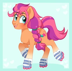 Size: 2048x2014 | Tagged: safe, artist:sleepyveon, sunny starscout, earth pony, pony, g5, abstract background, blushing, braid, coat markings, cute, female, heart, high res, looking at you, mare, open mouth, raised hoof, rollerblades, simple background, skates, socks (coat markings), solo, sunnybetes