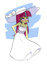 Size: 689x930 | Tagged: safe, artist:twilite-sparkleplz, sour sweet, equestria girls, g4, blushing, clothes, cute, dress, embarrassed, hat, smiling, solo, sourbetes, sun hat, sundress, wavy mouth