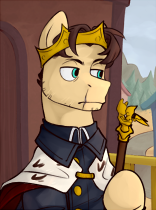 Size: 156x210 | Tagged: safe, artist:bunnyshrubby, oc, oc only, oc:golden morning, earth pony, pony, equestria at war mod, bags under eyes, cane, cape, clothes, crown, earth pony oc, jewelry, lowres, military uniform, older, regalia, scar, stubble, tired, uniform