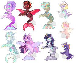 Size: 1500x1242 | Tagged: safe, artist:lavvythejackalope, oc, oc only, merpony, original species, sea pony, seapony (g4), shark, shark pony, base used, dorsal fin, fin wings, fish tail, flower, flower in hair, horn, seapony oc, simple background, smiling, tail, wings