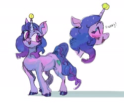 Size: 2048x1707 | Tagged: safe, artist:memaikora13, izzy moonbow, pony, unicorn, g5, ball, blushing, cute, dialogue, eyes closed, female, horn, horn guard, horn impalement, hornball, izzy's tennis ball, izzybetes, mare, open mouth, simple background, solo, tennis ball, unshorn fetlocks, white background