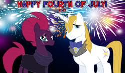 Size: 2064x1204 | Tagged: safe, anonymous artist, prince blueblood, tempest shadow, pony, unicorn, g4, 2021, 4th of july, american independence day, berryblood, female, fireworks, friendship, friendshipping, holiday, male, shipping, shipping fuel, smiling, song reference, stallion, straight, when he smiles, when she smiles, youtube link in the description