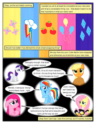 Size: 612x792 | Tagged: safe, artist:newbiespud, edit, edited screencap, screencap, applejack, fluttershy, pinkie pie, rainbow dash, rarity, earth pony, pegasus, pony, unicorn, comic:friendship is dragons, g4, magical mystery cure, applejack's hat, bust, comic, cowboy hat, dialogue, eyelashes, female, floppy ears, glasses, hat, hatless, horn, looking back, mare, missing accessory, pinkamena diane pie, raised hoof, sad, screencap comic, swapped cutie marks, what my cutie mark is telling me, wings