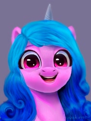 Size: 3000x4000 | Tagged: safe, artist:avvakira, izzy moonbow, pony, unicorn, g5, bust, cute, female, gray background, high res, izzybetes, looking at you, mare, open mouth, open smile, portrait, signature, simple background, smiling, smiling at you, solo