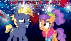 Size: 2063x1204 | Tagged: safe, anonymous artist, plaid stripes, star tracker, earth pony, pony, g4, 2021, 4th of july, american independence day, female, fireworks, holiday, looking at each other, male, shipping, smiling, smiling at each other, song reference, starstripes, straight, teenager, youtube link