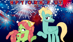 Size: 2064x1204 | Tagged: safe, anonymous artist, tree hugger, zephyr breeze, earth pony, pegasus, pony, g4, 2021, 4th of july, american independence day, female, fireworks, hippie, hipster, holiday, looking at each other, male, mare, shipping, stallion, straight, zephyrhugger