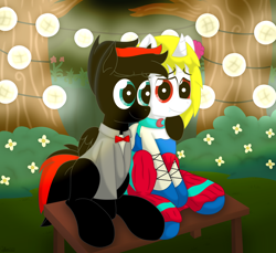 Size: 7200x6600 | Tagged: safe, artist:agkandphotomaker2000, oc, oc:arnold the pony, oc:lucia nightblood, pegasus, pony, vampire, vampony, absurd resolution, arncia, bush, clothes, decorative lamps, dress, everfree forest, flower, hoof on shoulder, looking at each other, oc x oc, pony prom, pony prom 2021, red and black mane, red and black oc, shipping, sitting, small break, tree, tuxedo