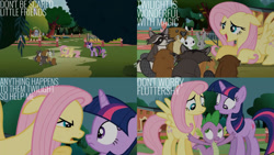 Size: 1280x720 | Tagged: safe, edit, edited screencap, editor:quoterific, screencap, angel bunny, fluttershy, spike, twilight sparkle, dragon, pegasus, pony, rabbit, raccoon, unicorn, g4, magic duel, season 3, animal, female, floppy ears, male, mare, open mouth, spread wings, trio, unicorn twilight, wings