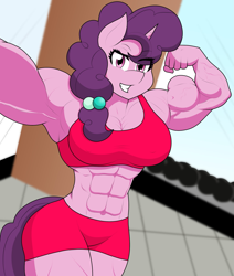 Size: 1685x1985 | Tagged: safe, alternate version, artist:matchstickman, sugar belle, unicorn, anthro, g4, abs, armpits, biceps, breasts, busty sugar belle, clothes, dumbbell (object), female, flexing, grin, gym, gym shorts, looking at you, mare, muscles, muscular female, pecs, selfie, shorts, smiling, solo, sports bra, sports shorts, sugar barbell, thighs, thunder thighs, weights
