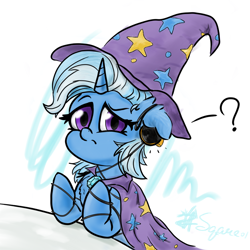Size: 1080x1080 | Tagged: safe, artist:square#01, trixie, pony, unicorn, g4, clothes, earbuds, earpiece, female, hat, mare, question mark, solo, tangled up, trixie's hat, wires