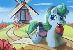 Size: 736x506 | Tagged: artist needed, safe, oc, oc only, oc:ember (hwcon), oc:glace (hwcon), pony, hearth's warming con, cottagecore, duo, dutch, mouth hold, netherlands, tulip, windmill