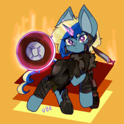 Size: 1000x1000 | Tagged: safe, artist:nyansockz, artist:ube, oc, pony, unicorn, ashes town, fallout equestria, animated, bandage, blood, blood stains, buckler, dagger, dishonorable defense, fallout equestria oc, gif, gift art, horn, pony oc, unicorn oc, weapon, white pupils