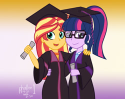 Size: 1000x793 | Tagged: safe, artist:phallen1, sci-twi, sunset shimmer, twilight sparkle, equestria girls, g4, atg 2021, diploma, duo, gradient background, graduation, graduation cap, hat, newbie artist training grounds, side by side