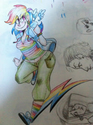 Size: 1936x2592 | Tagged: safe, artist:mcnuggyy, rainbow dash, human, g4, clothes, colored pencil drawing, converse, ear piercing, earring, floating wings, humanized, jewelry, piercing, shoes, smiling, traditional art, wings