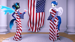 Size: 3840x2160 | Tagged: safe, artist:seriff-pilcrow, oc, oc:lacuna, changeling, pegasus, anthro, plantigrade anthro, 3d, 4th of july, american flag, carpet, clothes, disguise, disguised changeling, dress, flag, glass, gloves, gown, high heels, high res, holiday, self ponidox, shoes, side slit, source filmmaker, stockings, thigh highs