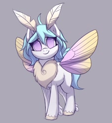 Size: 2000x2200 | Tagged: safe, artist:luminousdazzle, oc, oc only, unnamed oc, moth, mothpony, original species, pony, eye clipping through hair, female, gray background, high res, looking at you, no pupils, simple background, smiling, smiling at you, solo