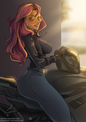 Size: 2480x3508 | Tagged: safe, artist:nire, sunset shimmer, equestria girls, g4, breasts, bunset shimmer, busty sunset shimmer, clothes, gloves, helmet, high res, hip, jacket, jeans, leather jacket, looking at you, motorcycle, pants, smiling, smiling at you, solo, sunglasses