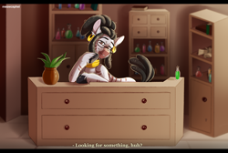 Size: 1800x1207 | Tagged: safe, artist:meowcephei, oc, oc only, oc:crimsley, oc:crimsling, changeling, zebra, alchemy, alchemy shop, beakers, black hooves, colored hooves, commission, countertop, disguise, disguised changeling, drawer, dreadlocks, dreads, ear piercing, earring, glasses, gold, hoof on chin, jewelry, knob, male, neck rings, piercing, ponytail, potions, potted plant, shelf, shop, solo, stripes, text, unshorn fetlocks, vial, zebra oc
