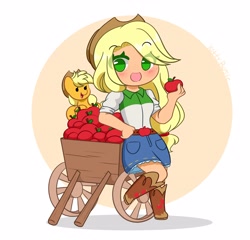 Size: 4096x3927 | Tagged: safe, artist:kittyrosie, applejack, earth pony, human, pony, equestria girls, g4, apple, applejack's hat, blushing, boots, chibi, clothes, cowboy boots, cowboy hat, cowgirl, cute, denim skirt, female, food, freckles, hat, human coloration, human ponidox, jackabetes, open mouth, self paradox, self ponidox, shoes, skirt, stetson