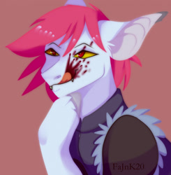 Size: 1256x1280 | Tagged: safe, artist:fajnk, oc, oc only, bat pony, pony, vampire, bat pony oc, blood, canines, fangs, gift art, licking, licking lips, lineless, male, solo, stallion, tongue out