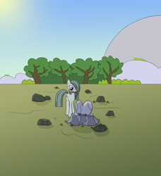 Size: 3548x3882 | Tagged: safe, artist:librarylonging, marble pie, earth pony, pony, g4, carving, cute, female, hair over one eye, heart, high res, marblebetes, mare, mouth hold, rock, rock farm, smiling, solo, tree