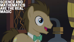 Size: 1280x720 | Tagged: safe, edit, edited screencap, editor:quoterific, screencap, doctor whooves, time turner, earth pony, pony, g4, season 5, slice of life (episode), male, open mouth, smiling, solo, stallion