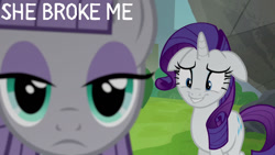 Size: 1280x720 | Tagged: safe, edit, edited screencap, editor:quoterific, screencap, maud pie, rarity, earth pony, pony, unicorn, g4, season 6, the gift of the maud pie, close-up, female, floppy ears, grin, lip bite, mare, nervous, nervous smile, smiling