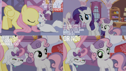 Size: 1280x720 | Tagged: safe, edit, edited screencap, editor:quoterific, screencap, fluttershy, opalescence, rarity, sweetie belle, cat, pegasus, pony, unicorn, g4, season 1, stare master, carousel boutique, cute, eyes closed, female, filly, mannequin, mare, opalbetes, open mouth, smiling