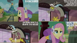 Size: 1280x720 | Tagged: safe, edit, edited screencap, editor:quoterific, screencap, discord, fluttershy, draconequus, pegasus, pony, dungeons and discords, g4, season 6, bag, discord being discord, eyes closed, female, fluttershy is not amused, male, mare, open mouth, saddle bag, train station, unamused, volcano