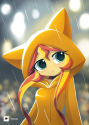 Size: 1000x1407 | Tagged: safe, artist:howxu, sunset shimmer, equestria girls, blushing, choker, clothes, colored pupils, costume, cute, female, hoodie, kigurumi, looking at you, ponied up, rain, raincoat, shimmerbetes, solo