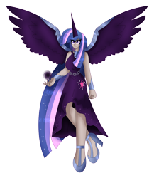Size: 6229x7188 | Tagged: safe, artist:dazzlingmimi, twilight sparkle, human, g4, absurd resolution, alicorn humanization, eye clipping through hair, eyebrows, eyebrows visible through hair, female, horn, horned humanization, humanized, nightmare twilight, nightmarified, simple background, smiling, solo, spread wings, transparent background, winged humanization, wings