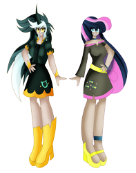 Size: 5789x7331 | Tagged: safe, artist:dazzlingmimi, bon bon, lyra heartstrings, sweetie drops, human, g4, absurd resolution, duo, duo female, evil smile, female, grin, horn, horned humanization, humanized, nightmare bonbon, nightmare lyra, nightmarified, simple background, smiling, transparent background
