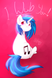 Size: 2000x3000 | Tagged: safe, artist:netoey, dj pon-3, vinyl scratch, pony, unicorn, g4, colored pupils, female, high res, i wub you, looking back, mare, missing accessory, no mouth, sitting, solo