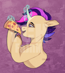 Size: 912x1024 | Tagged: safe, artist:fajnk, oc, oc only, pony, unicorn, colored, colored sketch, commission, curved horn, eyebrows, food, horn, magic, male, open mouth, pizza, sketch, solo, stallion, unicorn oc, watermark, ych result