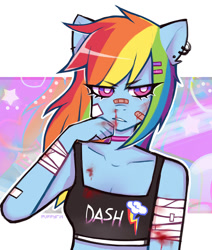 Size: 1000x1181 | Tagged: safe, artist:puffyrin, rainbow dash, anthro, g4, bandage, bandaid, bandaid on nose, blood, choker, clothes, ear piercing, earring, female, jewelry, patch, piercing, solo, sports bra, tomboy, white pupils