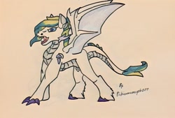 Size: 615x415 | Tagged: safe, artist:pinkiexneomorph277, oc, oc only, oc:emerald ribbons, dracony, hybrid, dragon wings, fangs, interspecies offspring, offspring, open mouth, parent:rarity, parent:spike, parents:sparity, solo, spread wings, traditional art, wings
