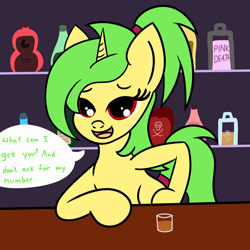 Size: 2000x2000 | Tagged: safe, artist:dafiltafish, oc, oc only, oc:piña, pony, unicorn, alcohol, bartender, bipedal, bipedal leaning, female, high res, horn, leaning, open mouth, solo, speech bubble, unicorn oc