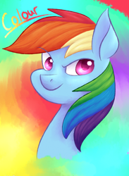 Size: 2000x2729 | Tagged: safe, artist:netoey, rainbow dash, pegasus, pony, g4, abstract background, bust, high res, rainbow background, solo, three quarter view