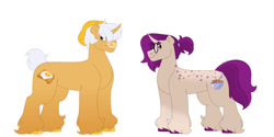 Size: 1280x640 | Tagged: safe, artist:itstechtock, oc, oc only, oc:eggy toast, oc:maple mulberry, pony, unicorn, body freckles, curved horn, female, freckles, glasses, horn, magical gay spawn, male, mare, offspring, simple background, stallion, unshorn fetlocks, white background