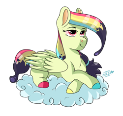 Size: 1807x1716 | Tagged: safe, artist:moccabliss, oc, oc only, oc:ink smear, pegasus, pony, cloud, colored hooves, female, lying down, mare, prone, simple background, solo, white background