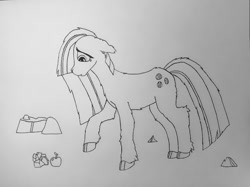 Size: 1197x896 | Tagged: safe, artist:autumnsfur, marble pie, earth pony, pony, g4, apple, cloven hooves, female, food, lineart, mare, raised hoof, solo, traditional art