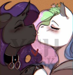 Size: 1056x1080 | Tagged: safe, artist:fajnk, oc, oc only, changeling, pegasus, pony, blushing, changeling oc, clothes, colored, colored sketch, commission, cute, female, kissing, lesbian, love, lovely, mare, pegasus oc, sketch, soft, ych result