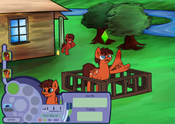 Size: 1920x1358 | Tagged: safe, artist:colt687, artist:khaki-cap, oc, oc:nyle, oc:steven, pegasus, pony, angry, crystal, fence, funny, glue, house, hud, laughing, nature, pegasus oc, smiling, text, the sims, tree, video game, waving, waving at you