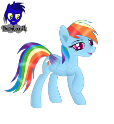 Size: 3840x4154 | Tagged: safe, artist:damlanil, rainbow dash, pegasus, pony, g4, cute, dashabetes, eyeshadow, female, happy, looking at you, makeup, mare, open mouth, raised hoof, shine, shiny mane, simple background, smiling, solo, transparent background, vector, wings